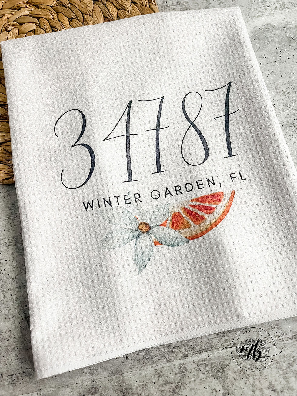 Thumbnail: Zip Code Florida Tea Towel or Mug | Watercolor Orange Blossom Tea Towel Custom w