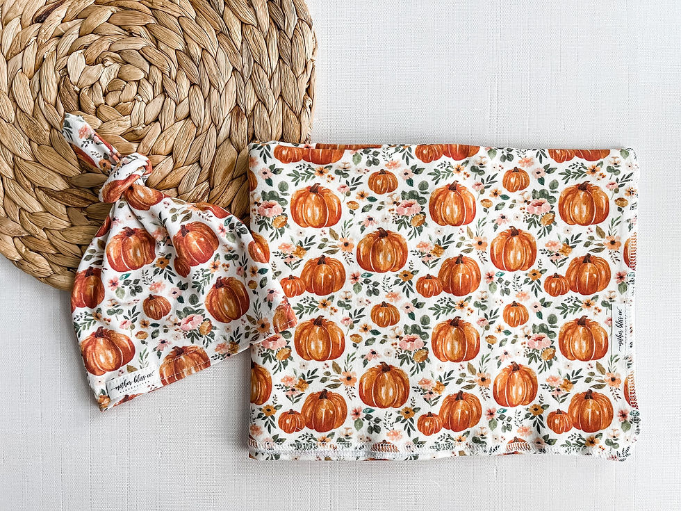 Thumbnail: Fall Charlotte Pumpkin Floral Watercolor Swaddle Blanket + Knotted Gingham or Ma