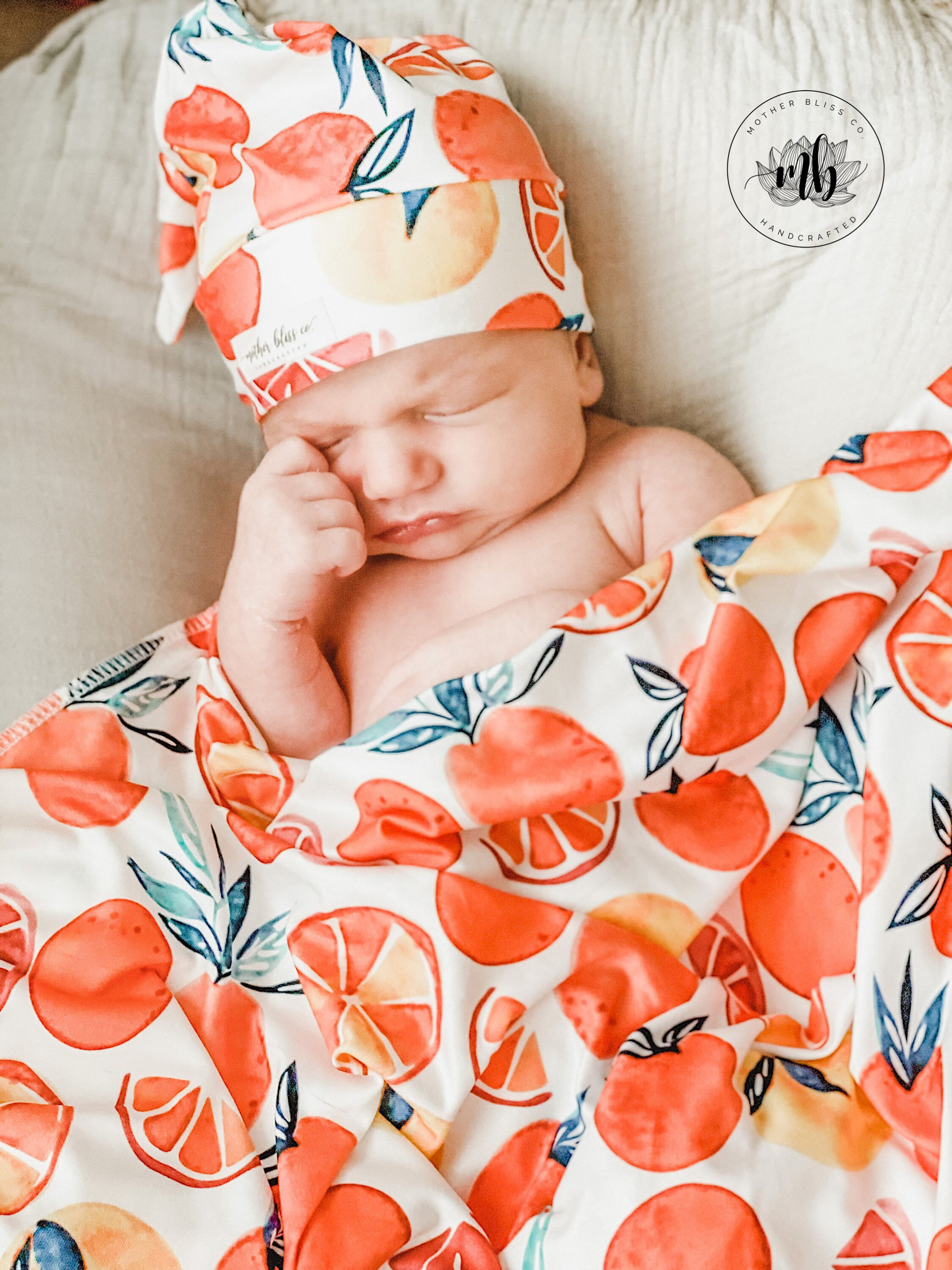 Orange Grove Soft Baby Swaddle + Hat | Newborn Photo Prop | Newborn Swaddle Set 
