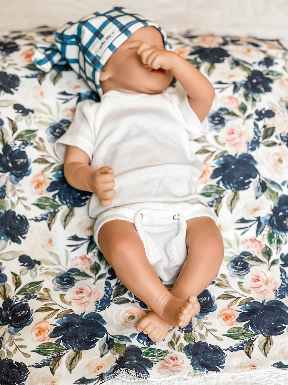 Navy Spring Roses Swaddle Blanket with Coordinating Knotted Beanie Hat | Floral