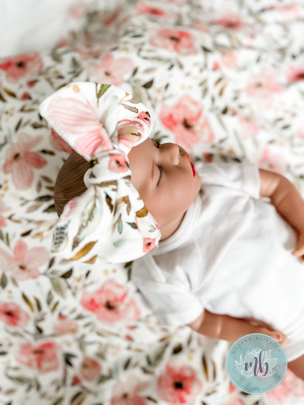 Thumbnail: Sweet Pea Garden Watercolor Swaddle Blanket + Knotted Beanie Hat + Oversized Bow