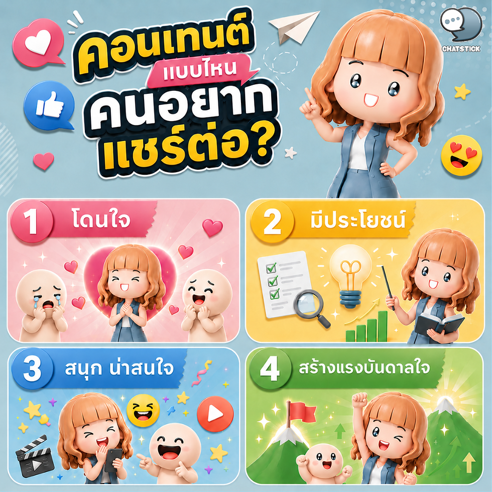 ปลดล็อกเคล็ดลับ! คอนเทนต์แบบไหนถึงจะถูกใจจนคนอ่านอยากกดแชร์ต่อ?
ทริคง่ายๆ แค่เน้น 4 องค์ประกอบนี้: โดนใจ, มีประโยชน์, สนุกน่าสนใจ และสร้างแรงบันดาลใจ
เซฟเช็กลิสต์นี้เก็บไว้เป็นไอเดีย แล้วไปสร้างคอนเทนต์ให้ยอดแชร์พุ่งกันเลย!
\#ChatStick #MascotDesign #ออกแบบมาสคอต #สร้างแบรนด์ด้วยคาแรกเตอร์
.
💙ปรึกษาทีมงานของเรา💙
📱Tel : 0840104252 📱0947805680
📨 Inbox : http://m.me/ChatStick.TH
┏━━━━━━━━━┓
📲 LINE: @chatstick
┗━━━━━━━━━┛
หรือคลิ๊ก https://goo.gl/KuzCpM
🎉รายละเอียดที่ http://www.chatstickmarket.com/langran
🎉ชมผลงานเราได้ที่ https://www.chatstickmarket.com/portfolio