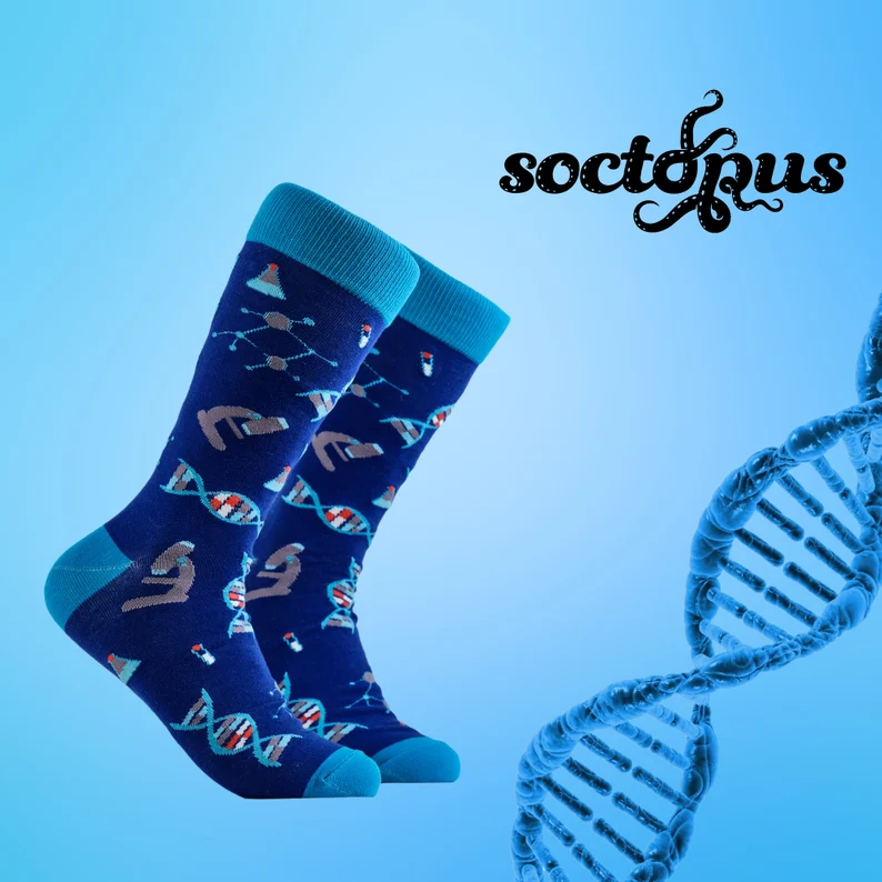 A blue pair of socks patterned with DNA molecules