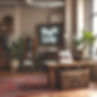 vintage shop with industrial modern look with wooden table, old luggages and persian carpe