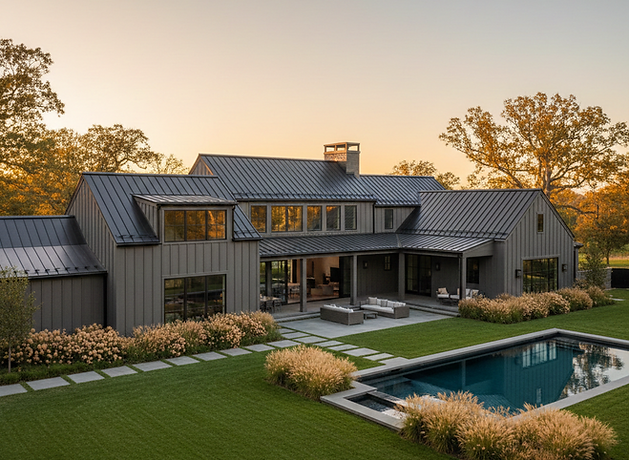 Low gloss black roof and low gloss charcoal board and batten siding