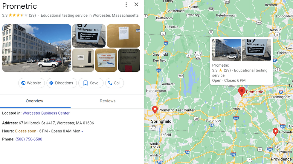 Prometric Test Center: 67 Millbrook St #417, Worcester, MA 01606