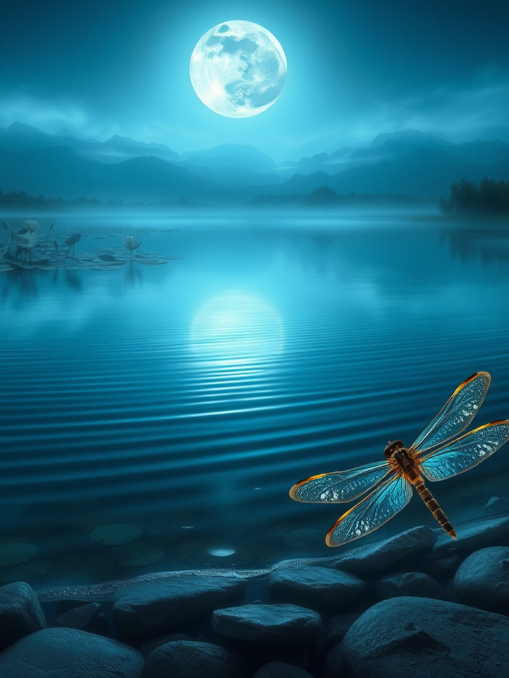 Moonlit pond at dusk, still reflective water, soft ripples, smooth stones along the shore,