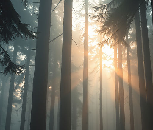 Misty Pacific Northwest forest at dawn, soft warm light filtering through tall cedar and f