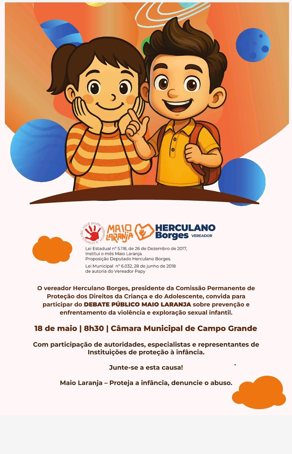 Maio Laranja mobiliza Campo Grande em debate público contra violência e exploração sexual infantil