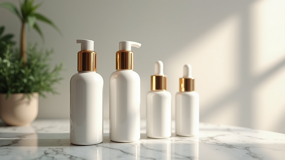 Close-up view of luxury skincare bottles arranged on a marble countertop