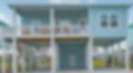Blue stilt house with a white railing and staircase, situated in a suburban neighborhood. Catchin' Paradise Vacation Rental