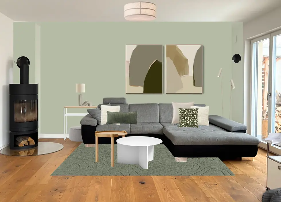 Collage Wohnzimmer mit Styling - salbeifarbene Wand