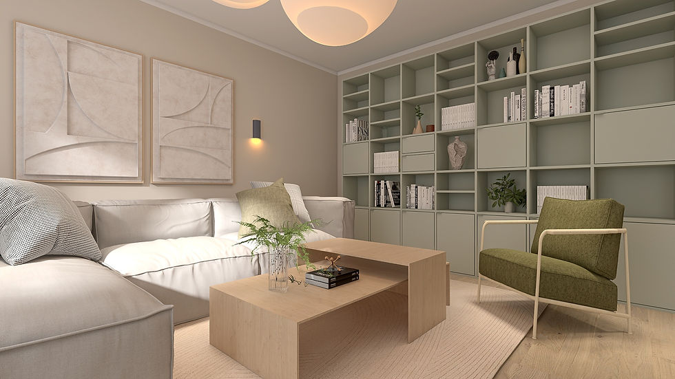 Interior Design im eleganten Wohnzimmer in beige mit schwarzen Elementen