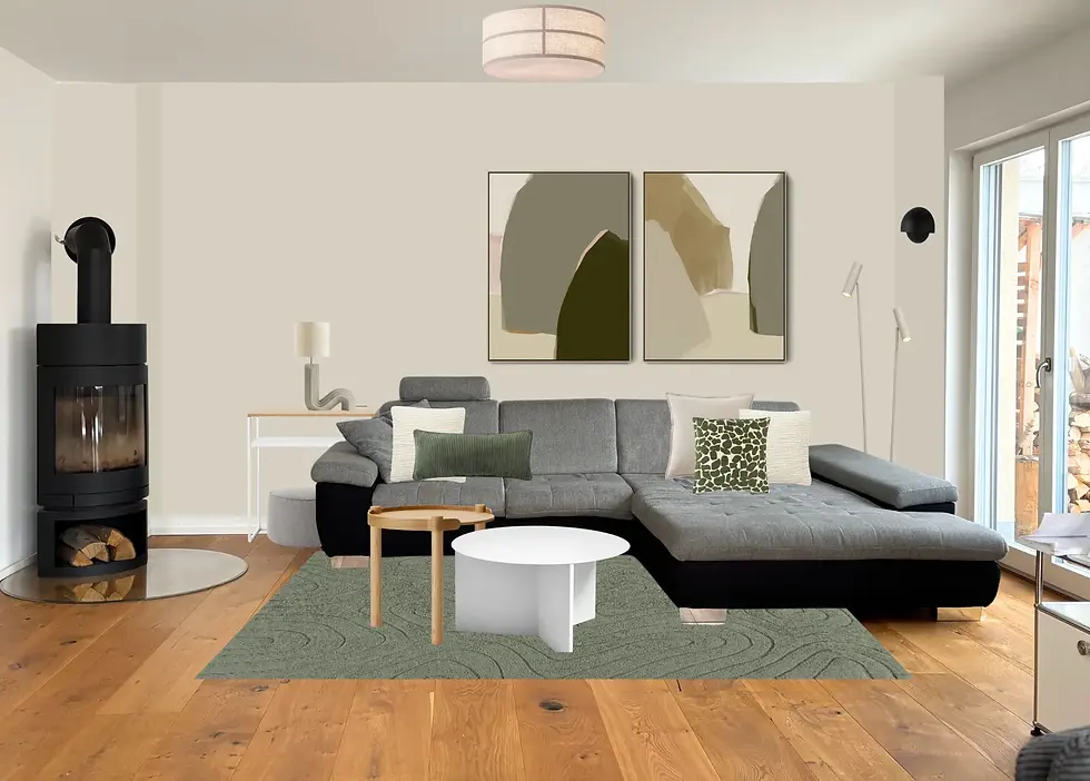 Wohnzimmer mit Styling - Greige und Salbei