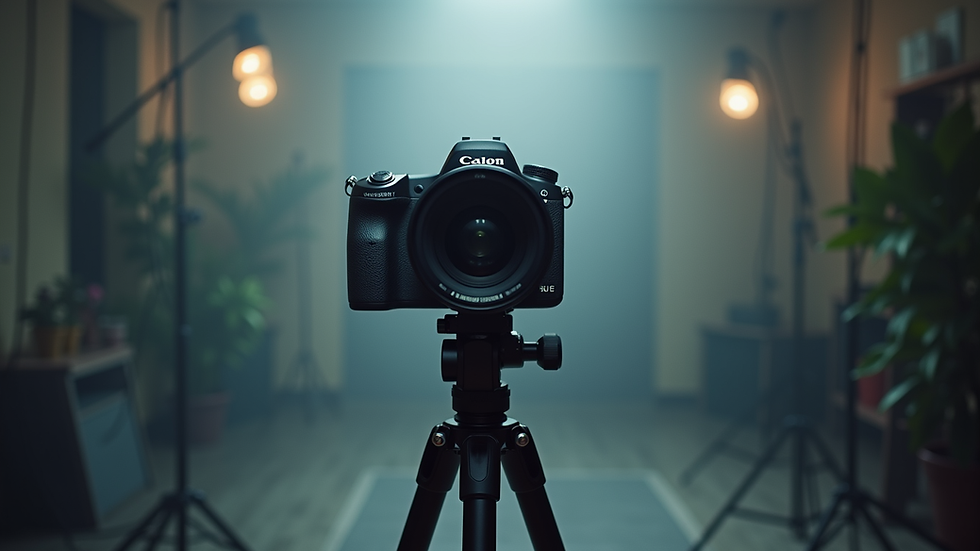 Eye-level view of a professional camera on a tripod in a studio setting