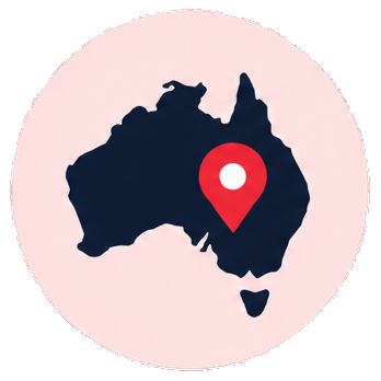 Map of Australia with a red location pin inside a circle