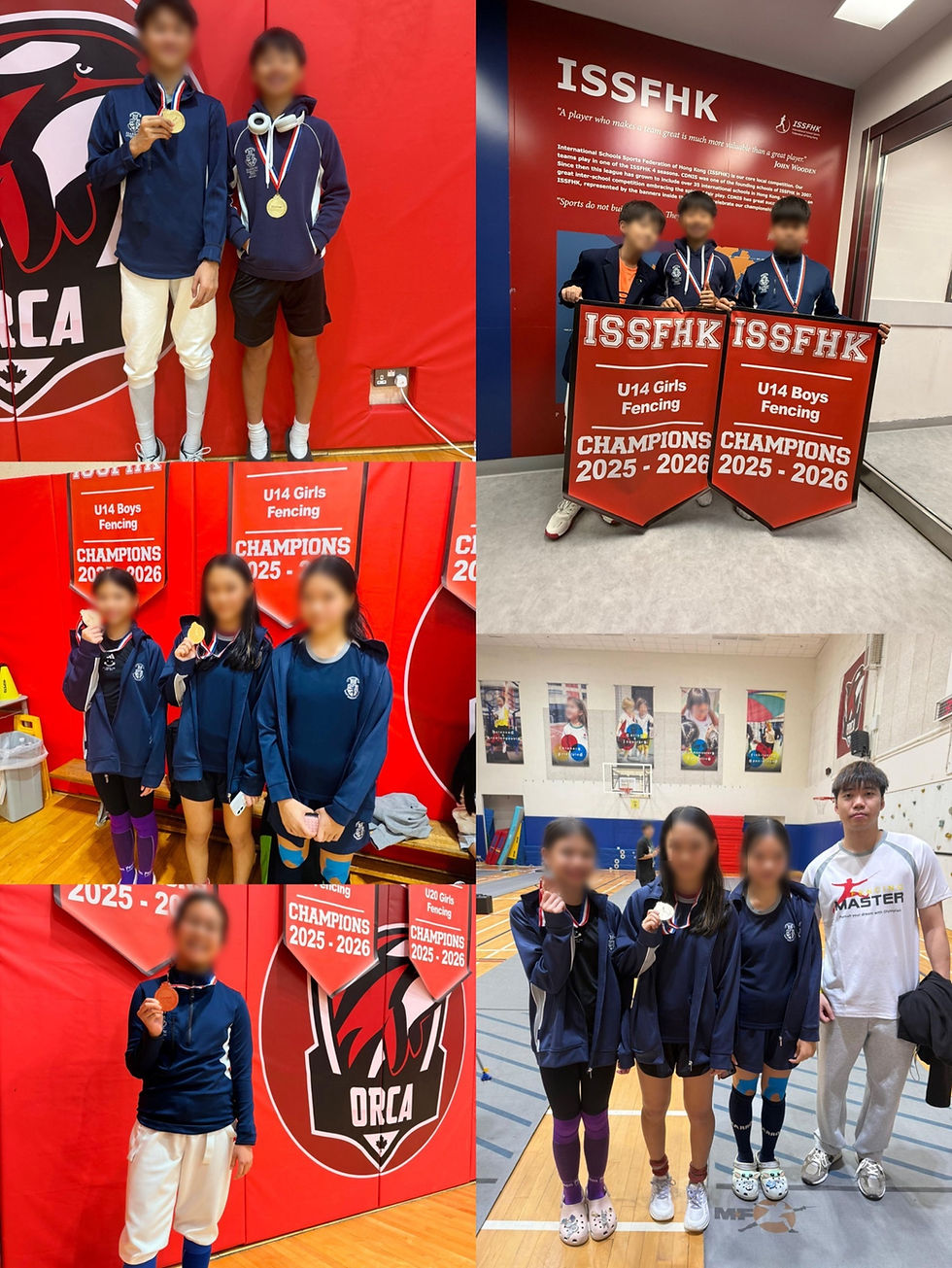 Hong Kong Fencing Master fencers with ISSFHK 2025-26 U14 medals and champions banners
