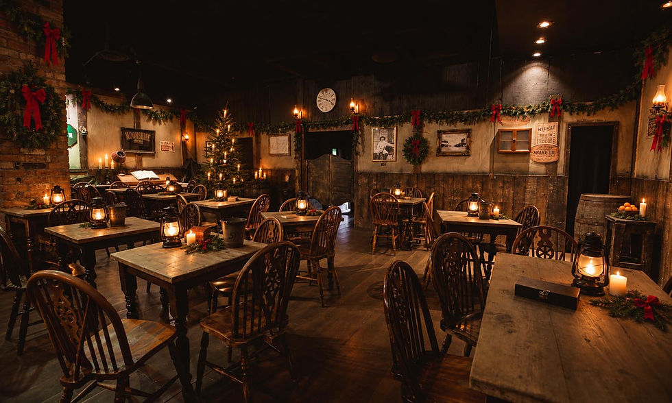 Rustic candlelit saloon with empty wooden tables, garlands and red bows; signs read Moonshine and Snake Oil.