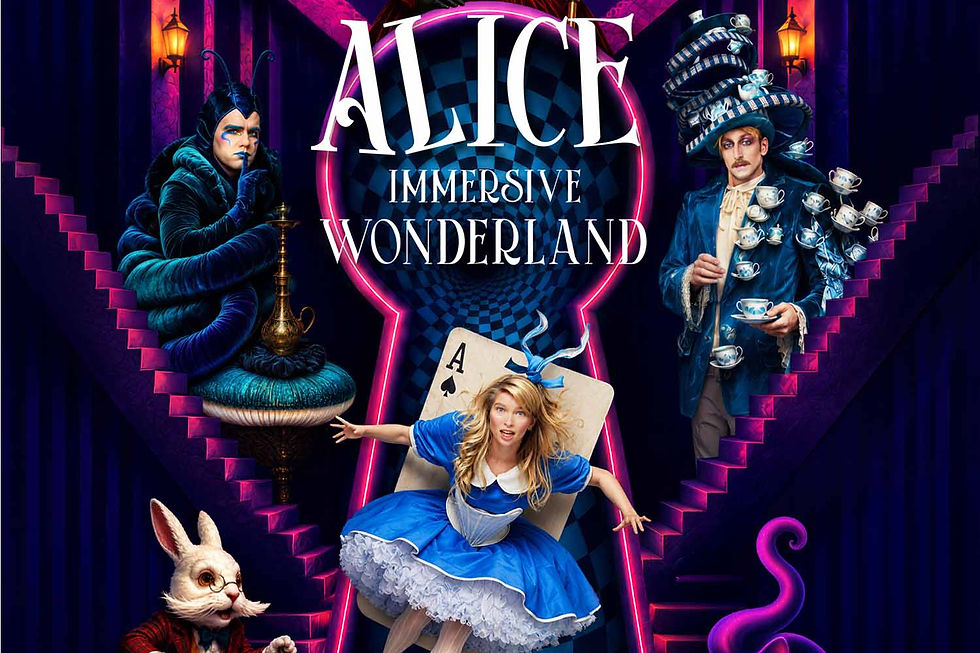 Alice Immersive Wonderland poster with Alice, Cheshire Cat, White Rabbit, and Mad Hatter in a neon purple fantasy setting.