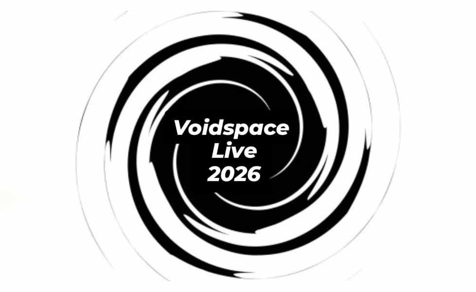 Black and white spiral design with the text "Voidspace Live 2026" in the center. Abstract and dynamic pattern on a white background.