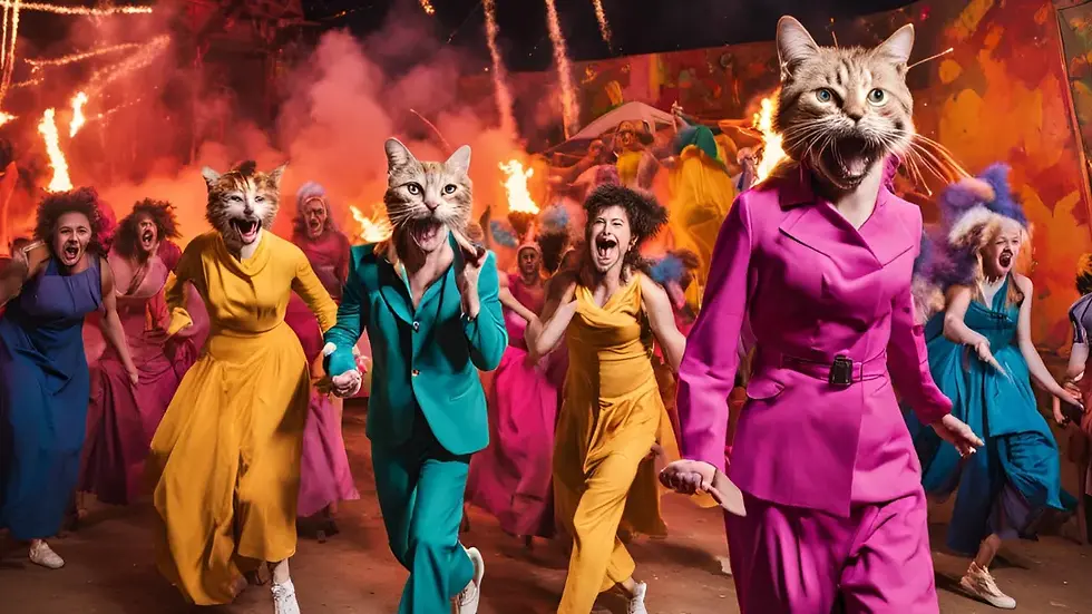 People with cat heads in colorful outfits joyfully run amidst vibrant fireworks. Bright hues and dynamic energy fill the festive scene.