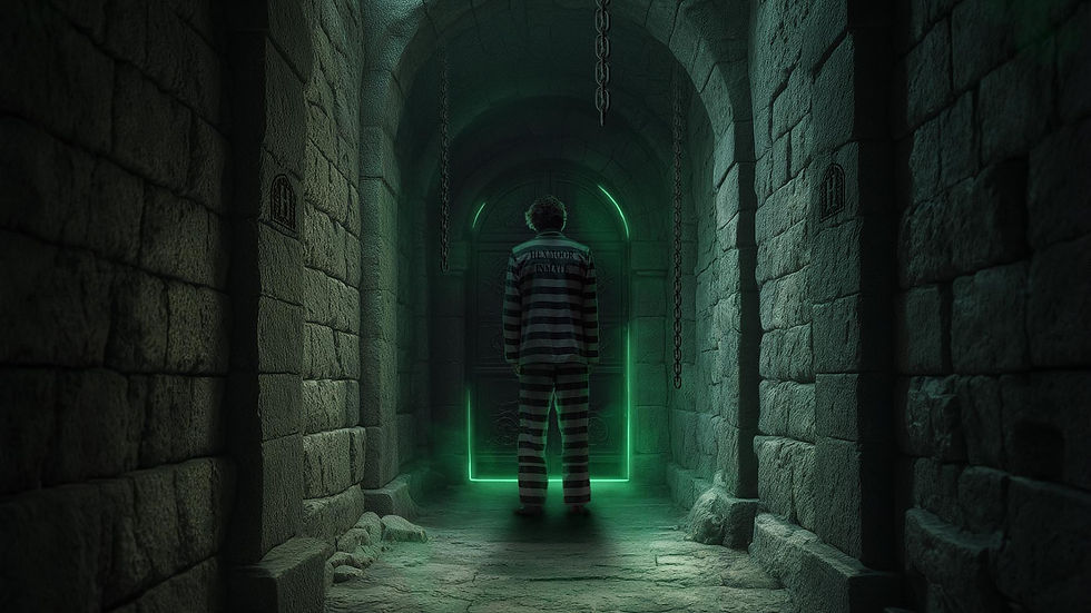 A person in striped clothing faces a glowing green doorway in a stone corridor, creating a mysterious and ominous mood. Chains hang from above.