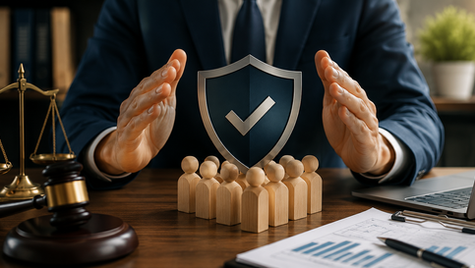 Empresário em ambiente corporativo posiciona as mãos de forma protetiva ao redor de um escudo com símbolo de conformidade, cercado por figuras representando colaboradores. Sobre a mesa há documentos, notebook e elementos ligados à gestão e à segurança jurídica, simbolizando a prevenção de riscos trabalhistas e a proteção da empresa.