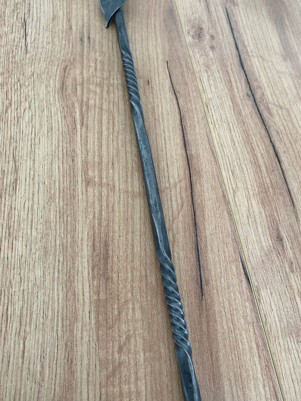Thumbnail: Hand forged toasting fork with leaf detail and twist.