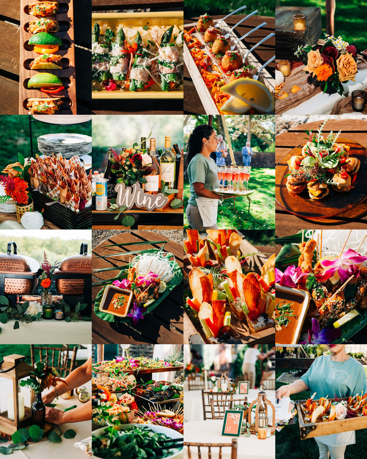 A collage of food, beverage, and decor images from an event by Tia's Food of Love