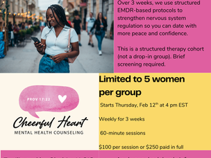 Flyer for EMDR group for Single Christian Women with dating anxiety, featuring a couple embracing and details about group sessions.