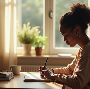 A woman of color reflecting quietly in a sunlit room, journaling her thoughts