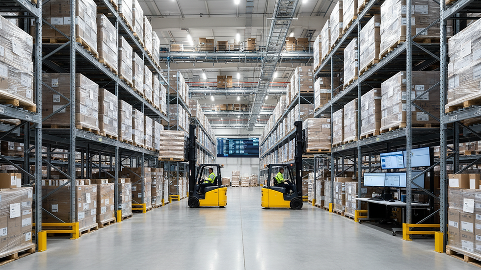 Eye-level view of a large warehouse with organized pallets and forklifts