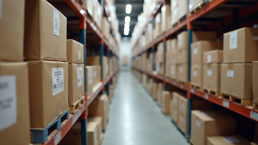 Close-up view of warehouse shelves with neatly stacked boxes and inventory labels