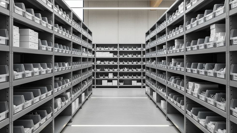 Eye-level view of warehouse shelves stocked with organized inventory
