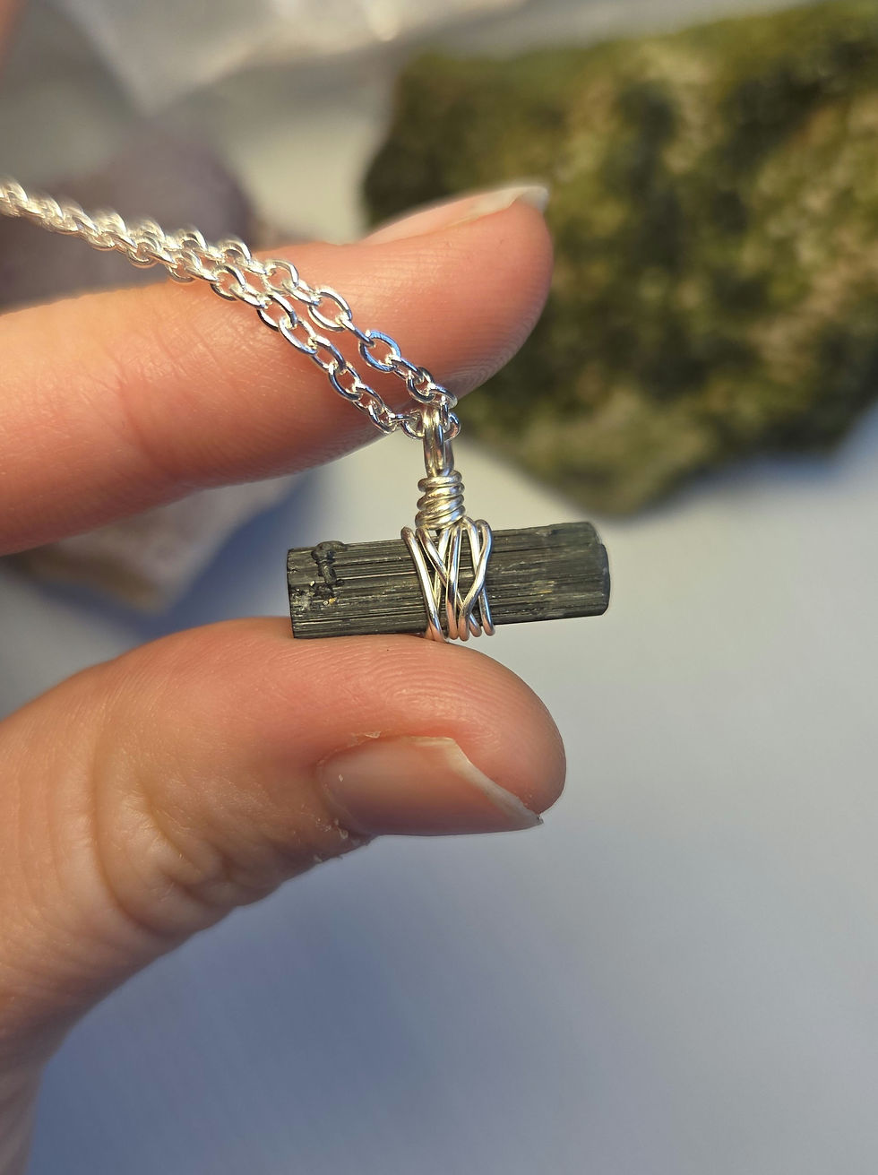 Thumbnail: Black Tourmaline with Green Tourmaline Tip - Silver (16"/41cm)