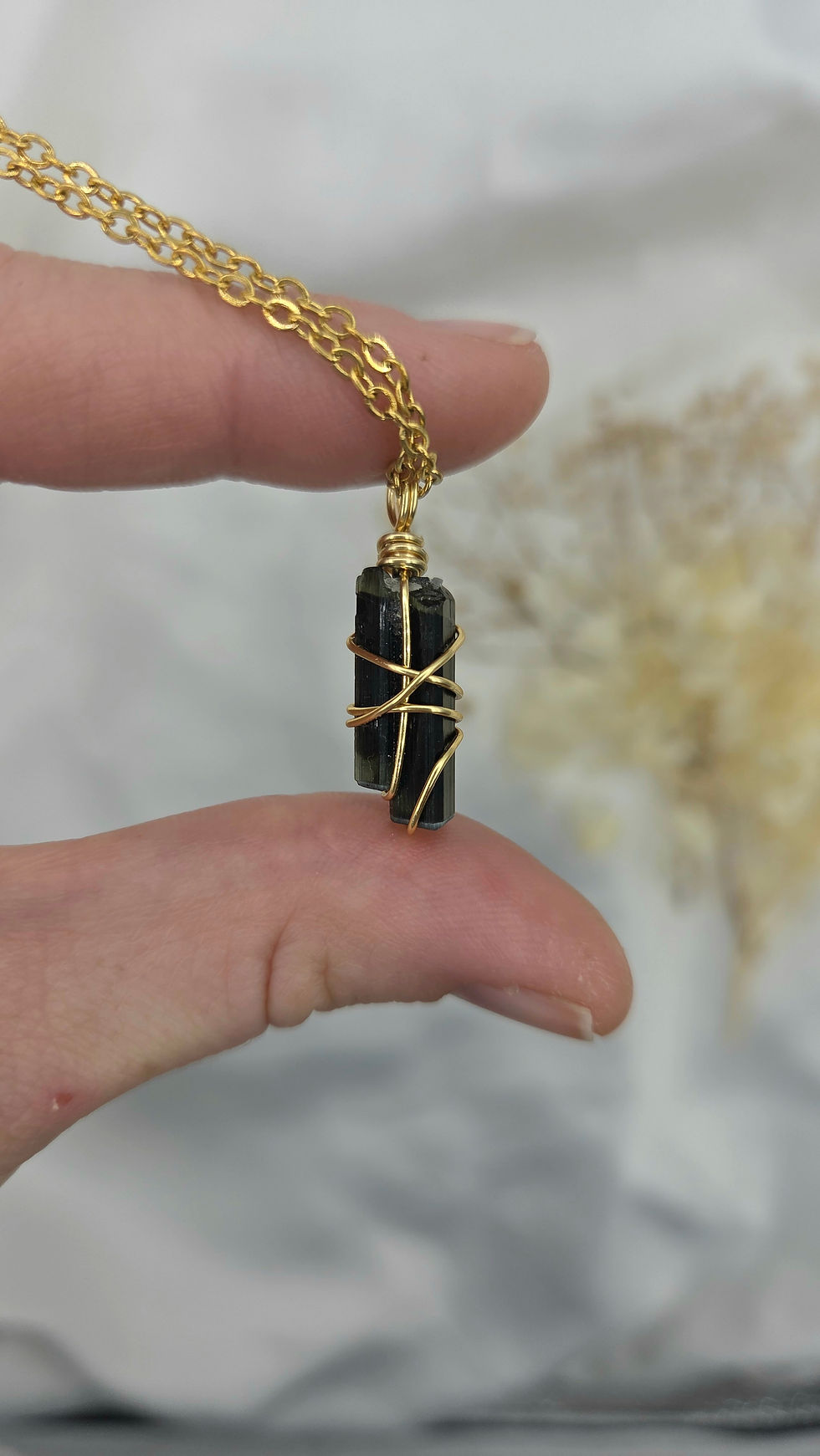 Black Tourmaline with Green Tourmaline tips - Gold (20"/51cm)