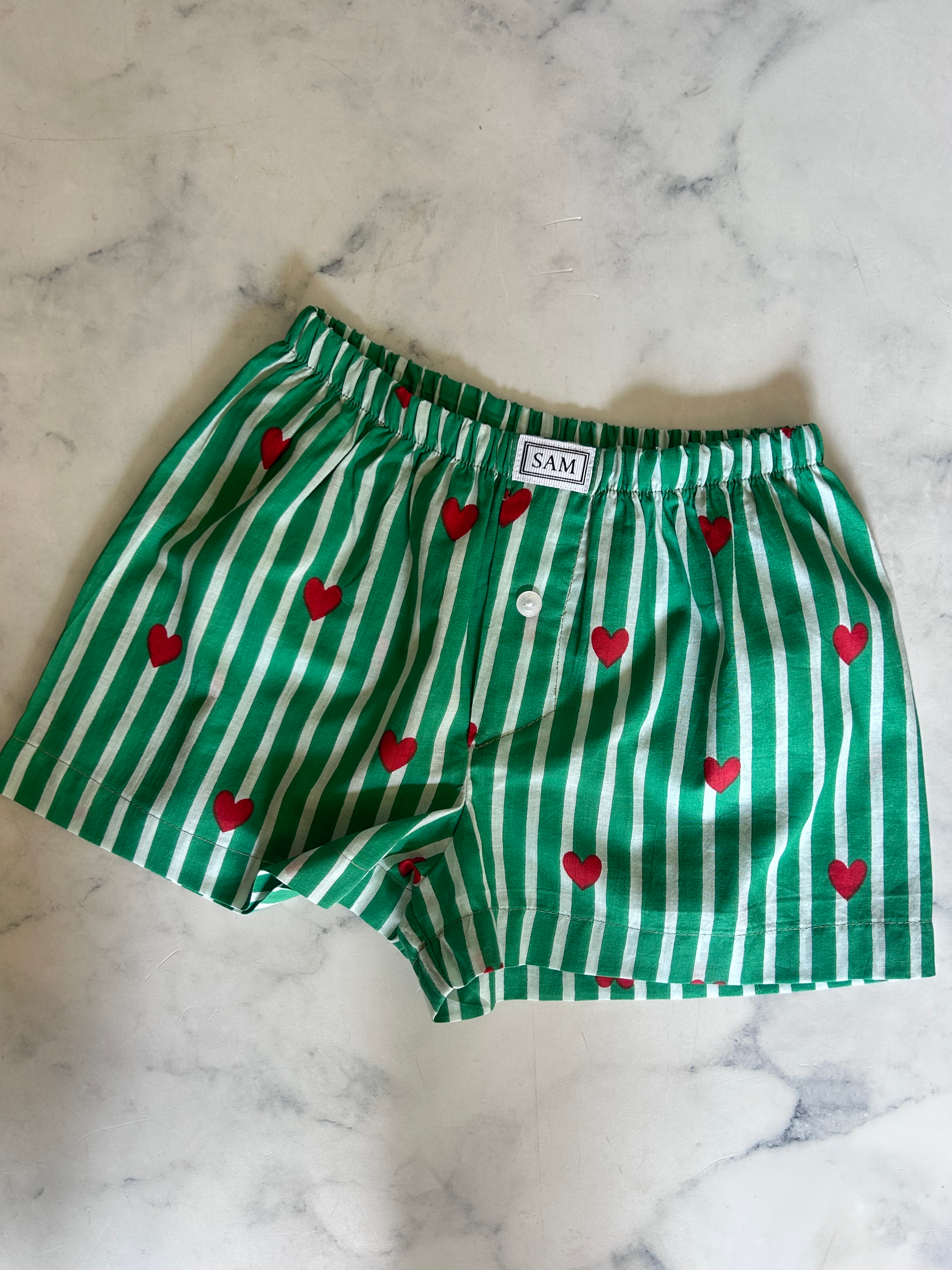 Kids (boys) Green Stripe with Red Heart Sleep Shorts