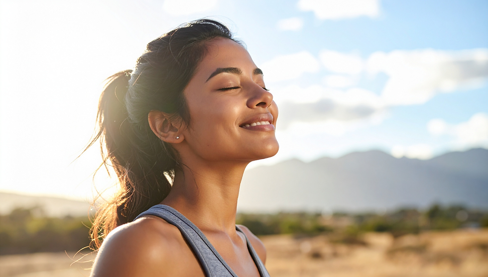 Smiling woman with her eyes closed while taking a deep breath outdoors