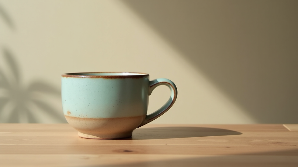 Close-up view of a pastel-colored handmade ceramic cup on a wooden table