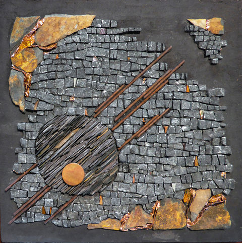 Abstract mosaic artwork: grey stone, rusty metal, circular design