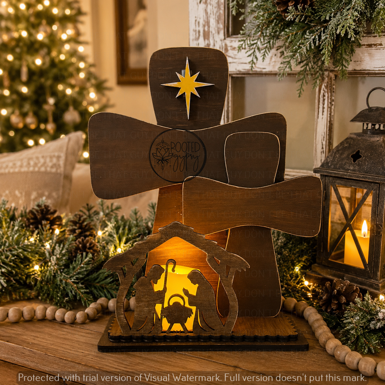 Nativity Faux Votive Holder | Wooden Christmas Shelf Decor
