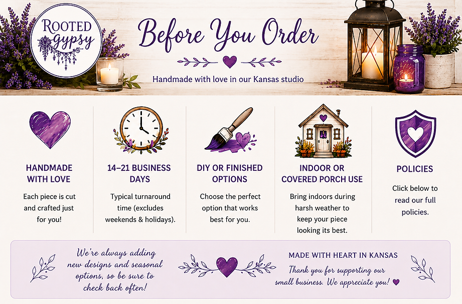 Before you order bammer for Rooted Gypsy handmade home decor with ordering information and shop policies.