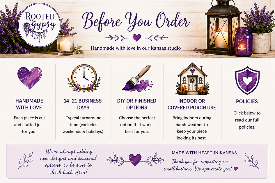 Before you order banner for Rooted GYpsy handmade home decor with ordering information and shop policy.