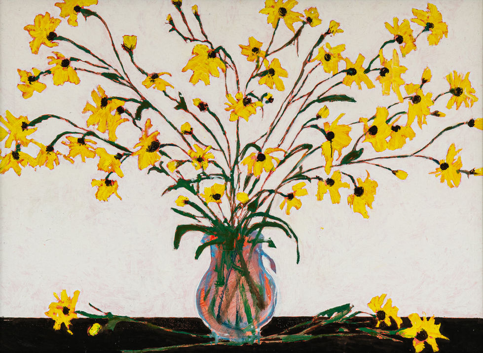 Painting of painterly yellow flowers in a vase
