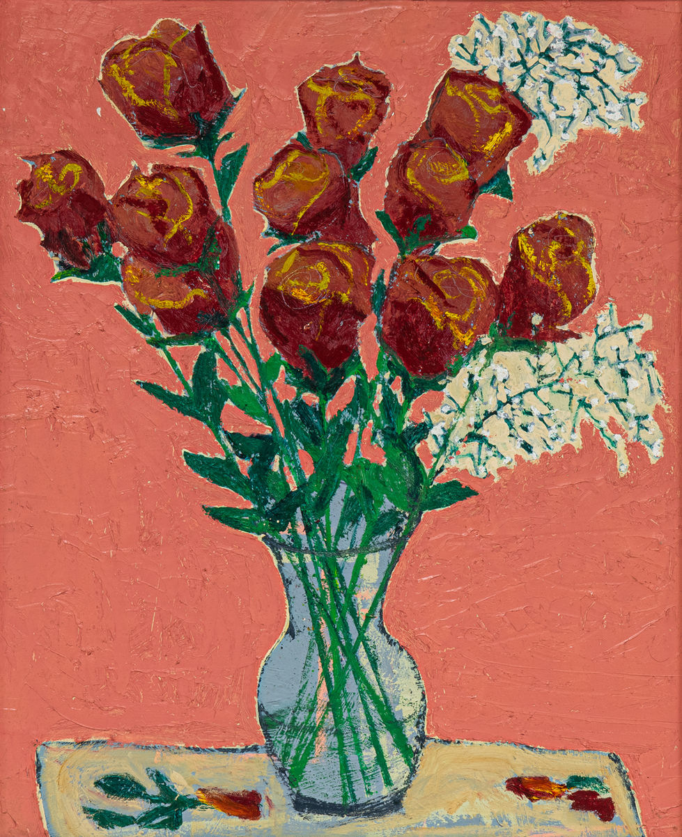 Painting of painterly roses in a vase