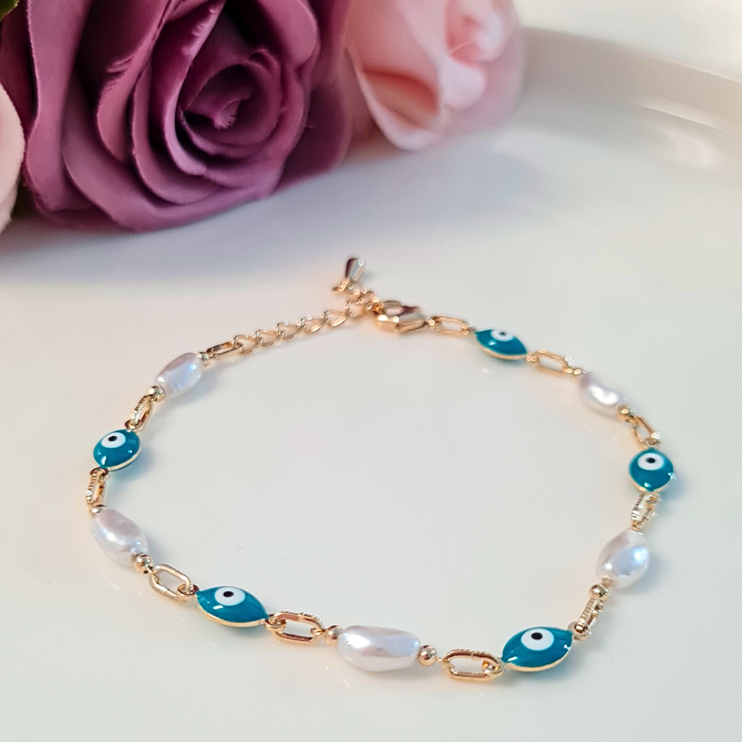 Pulsera Perla con Ojo Turco Azul