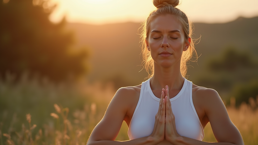 Close-up view of a woman practicing pranayama breathing outdoors