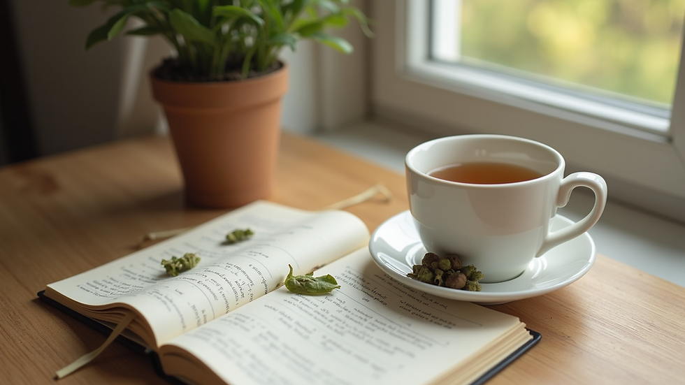 Eye-level view of a calm morning routine setup with herbal tea and journal