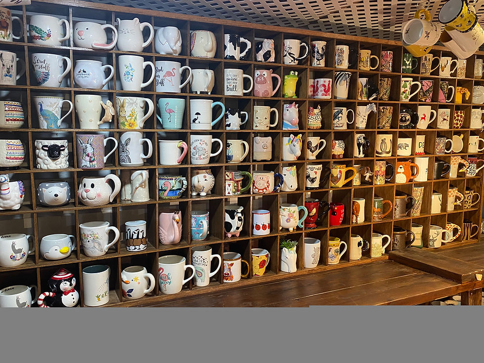 Collection of pre-owned coffee mugs on wooden shelves.
