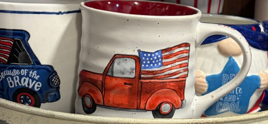 Pre-owned coffee mugs with American flag and truck designs